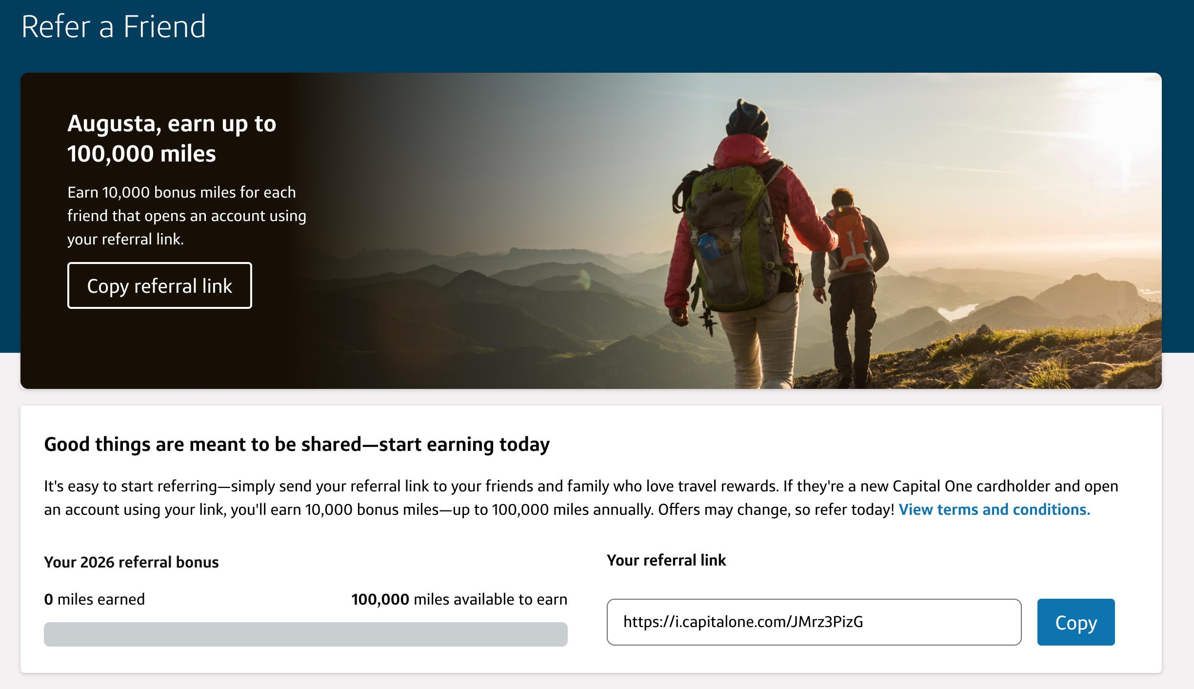Capital one Refer a friend logged in page example on Capital One website